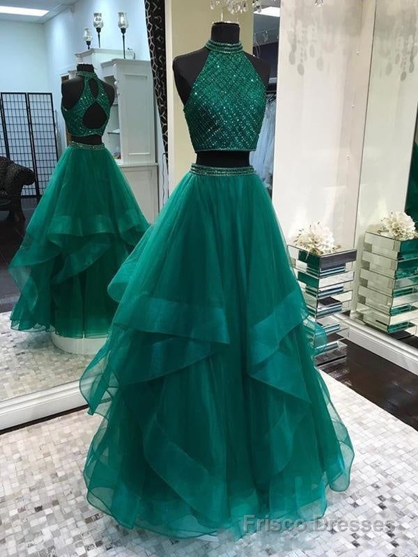 fancy dresses_Two Piece Long Hunter Green Prom Dress with Delicate Beading Top - Picture Color / US8