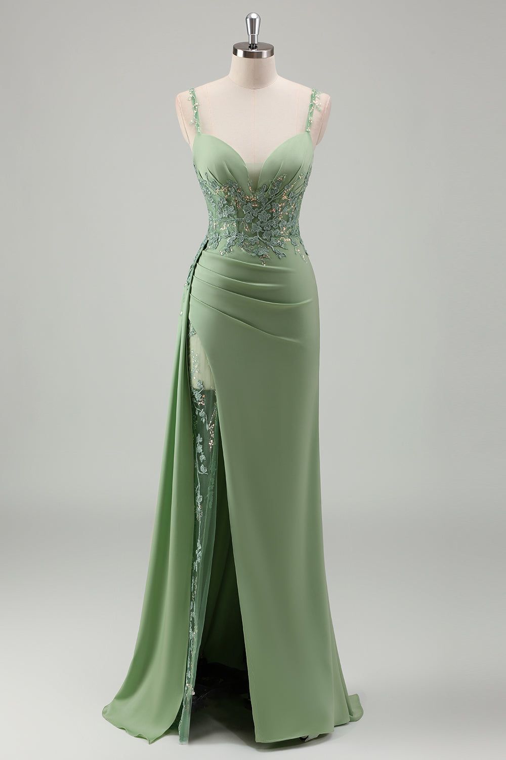 fancy dresses_Sparkly Light Green Mermaid Spaghetti Straps Appliques Long Prom Dress with Slit - Light Green / US2