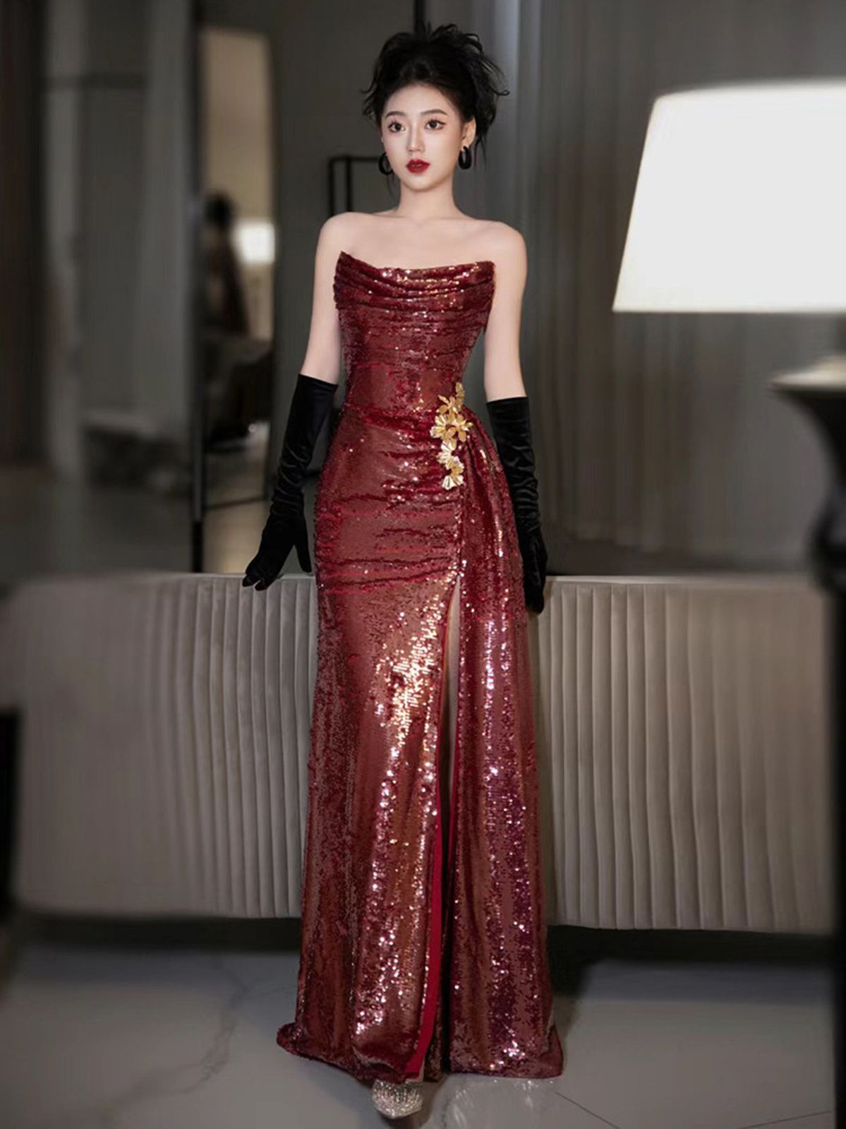 fancy dresses_Burgundy Sequins Strapless Pleats Prom Dress