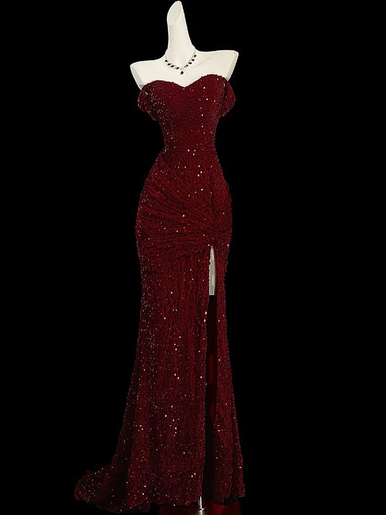 fancy dresses_Classy Mermaid Sweetheart Red Slit Sequin Long Evening Gowns Prom... - image 1109 1766220464