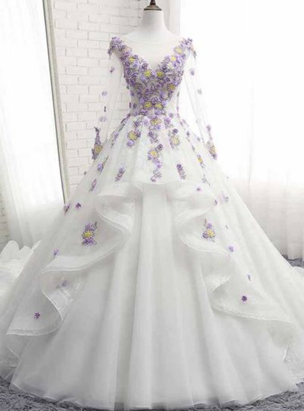 princess dresses_White Tulle Ruffles Long 3D Flower Lace Applique Long Sleeve Q... - Classic & Elegant - image 1165 1766220585