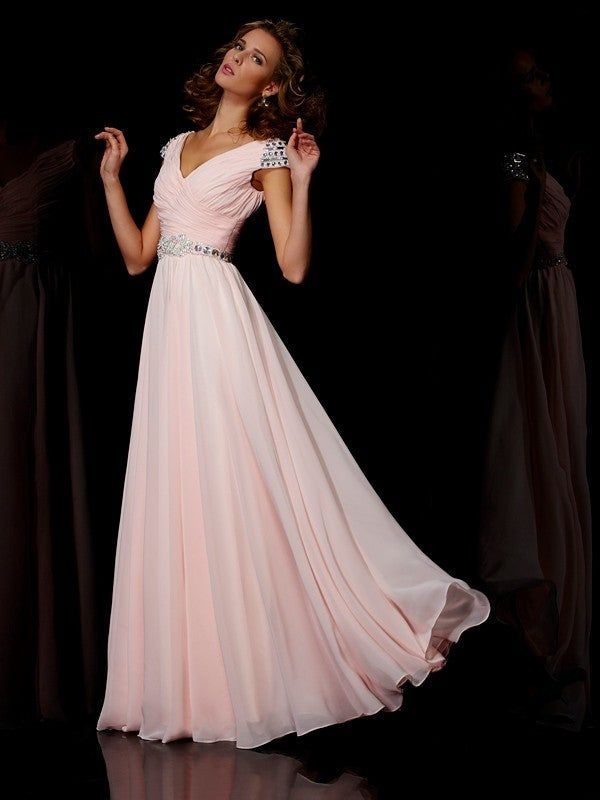 princess dresses_A-Line/Princess V-neck Short Sleeves Ruffles Long Chiffon Dres... - image 1175 1766220607