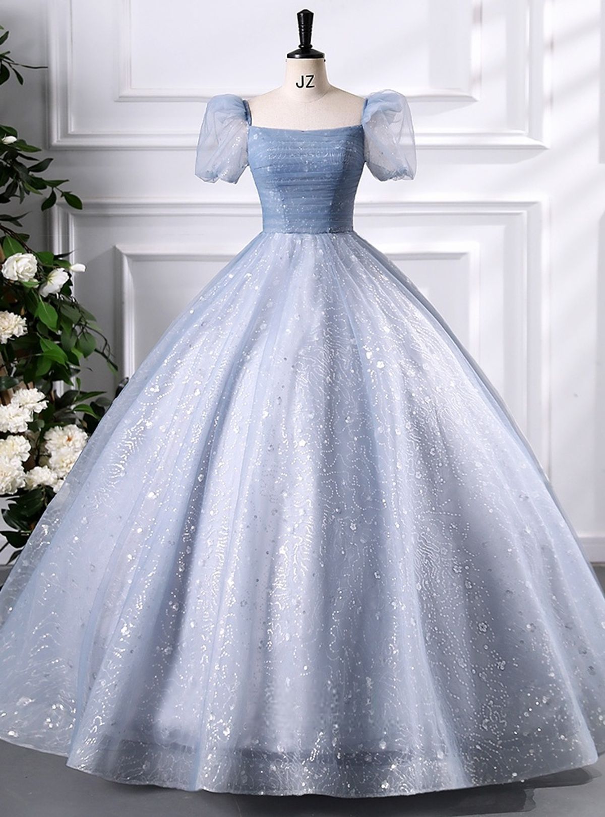 princess dresses_Blue Tulle Square Neck Sequins Puff Sleeve Pleats Quinceanera... - Classic & Elegant - image 1208 1766220678