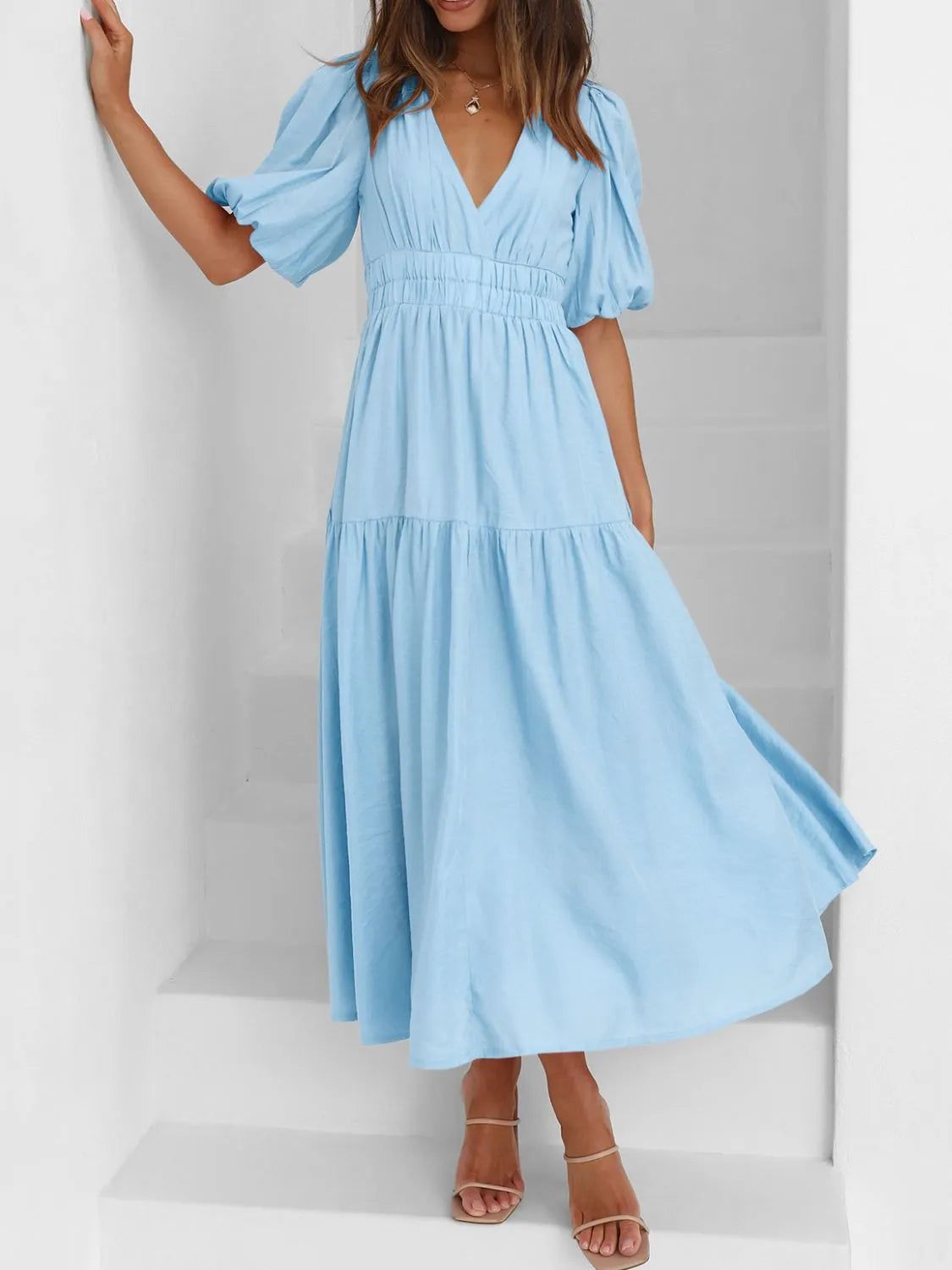 elegant dresses_Hazel Blues® | V-Neck Puff Sleeve Midi Dress - Beige / M - image 126 1766218129