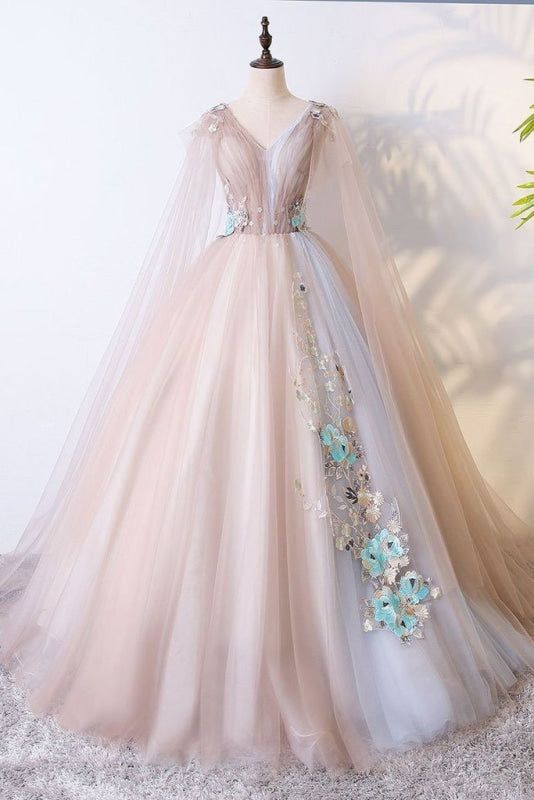 princess dresses_Ball Gown V Neck Tulle Prom Dress with Appliques Unique Floor... - Classic & Elegant - image 1295 1766220882