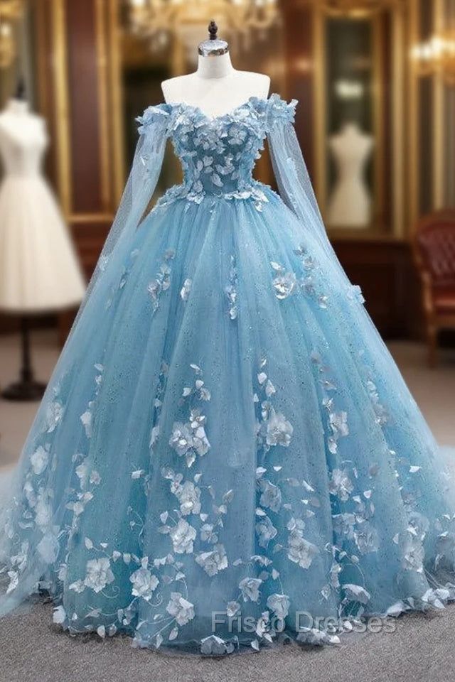 princess dresses_Blue Tulle 3D Appliques Off the Shoulder Formal Prom Dress - Blue / US6