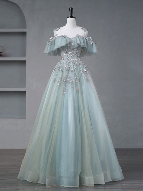 princess dresses_A-Line Blue Tulle sequin Lace Long Lace Sweet Quinceanera Dress - image 1440 1766221223