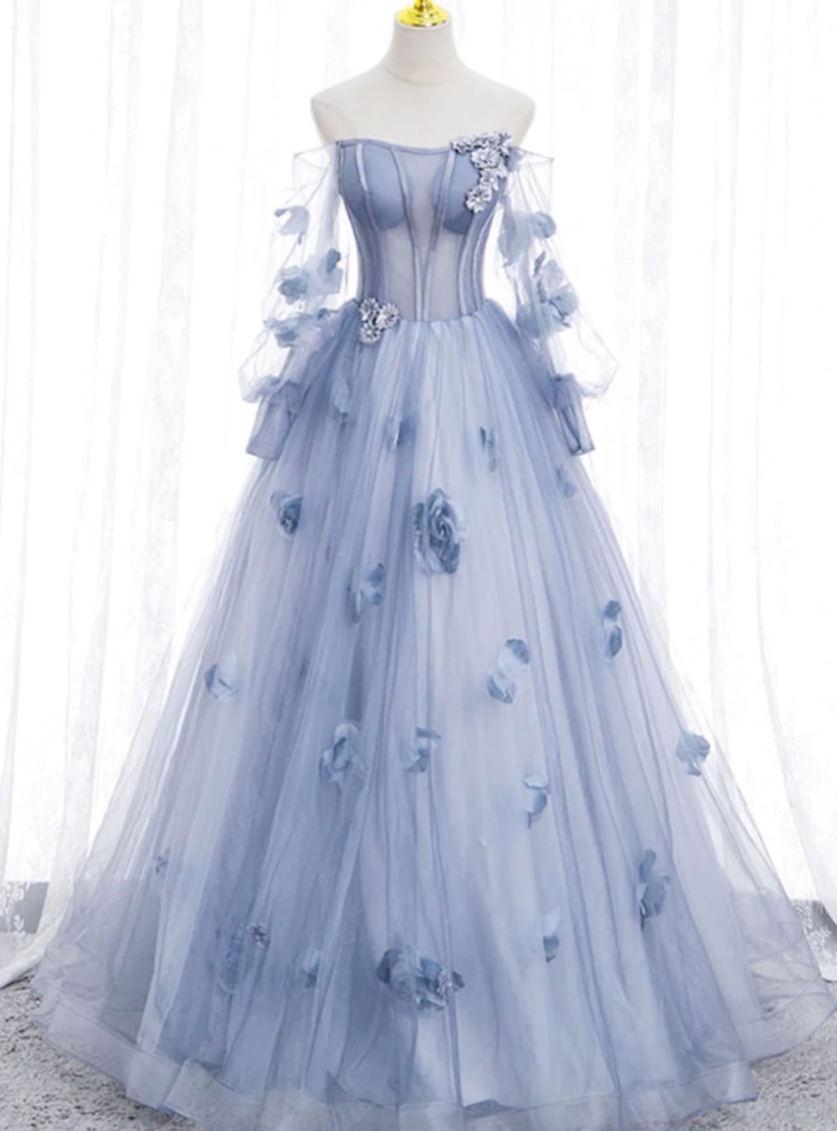 princess dresses_Blue Tulle Long Sleeve Flower Prom Dress - image 1442 1766221227