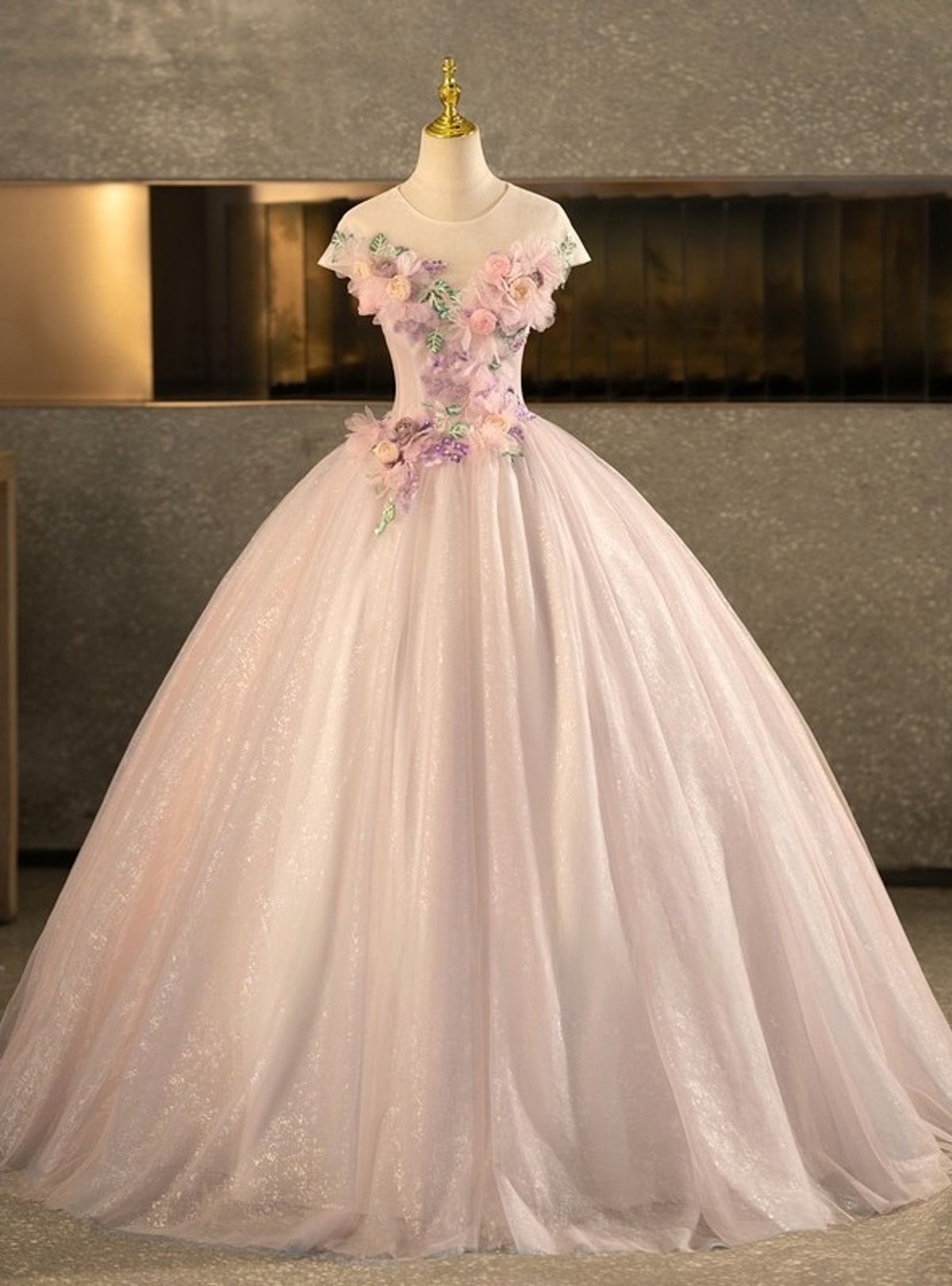 princess dresses_Pink Tulle Sequins Cap Sleeve 3D Flower Quinceanera Dress