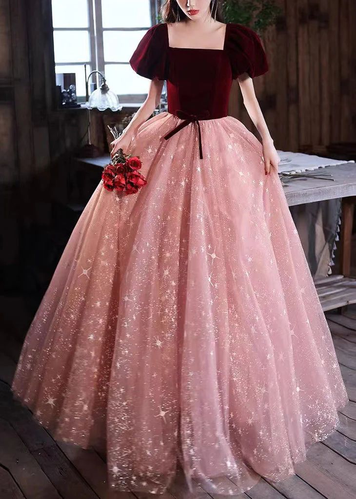 princess dresses_French Wine Red Square Collar Patchwork Silk Maxi Dress Summer - image 1488 1766221324