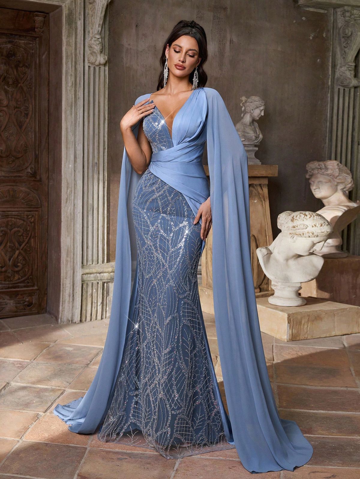 elegant dresses_Elegant Luxury Woven Beaded Embroidered Satin Chiffon Mermaid Hem Dress, V-Neck Asymmetric Ruched Waist Adjustable Tie Back Mermaid Hem Style, Suitable For Weddings, Galas, Formal Events, Concerts, Ceremonies