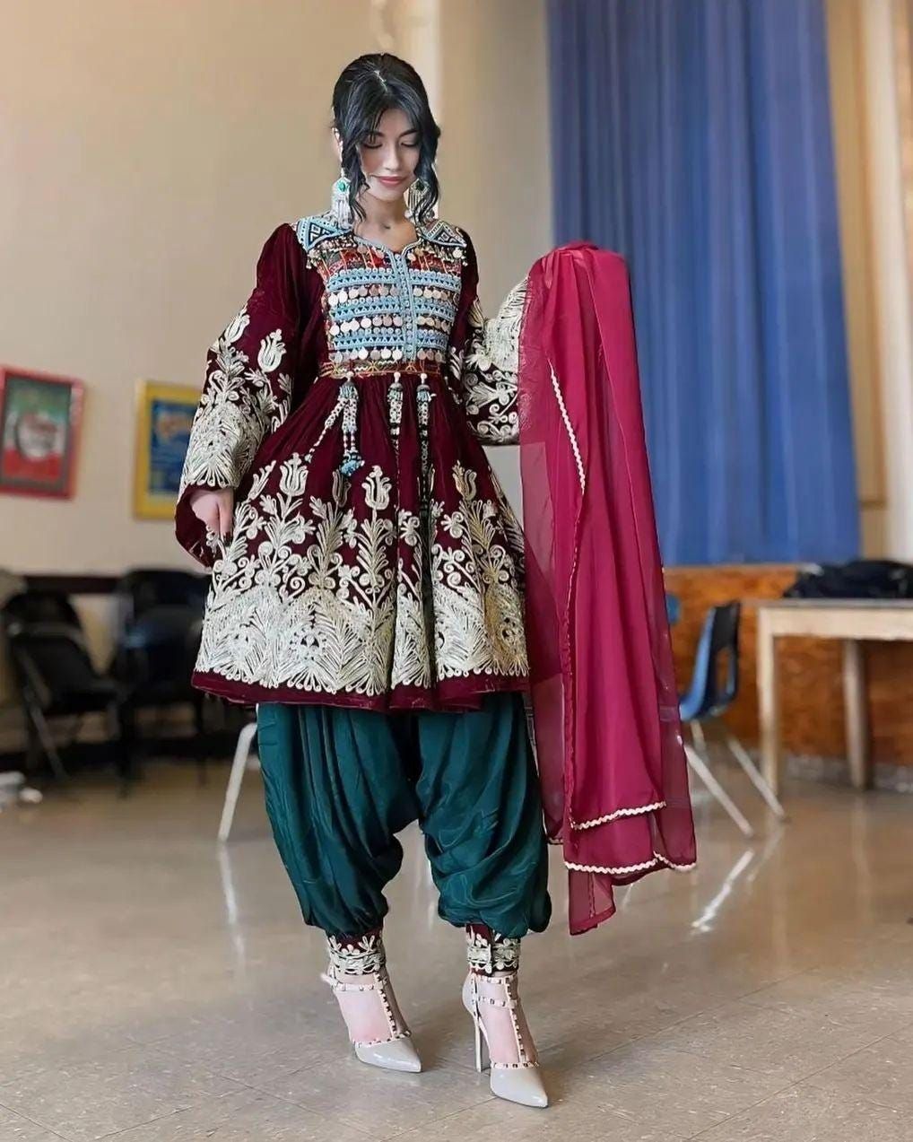 traditional dresses_Velvet Afghan Dress: Handmade Embroidered Ethnic Frock - Modest Dresses - image 1577 1766221518