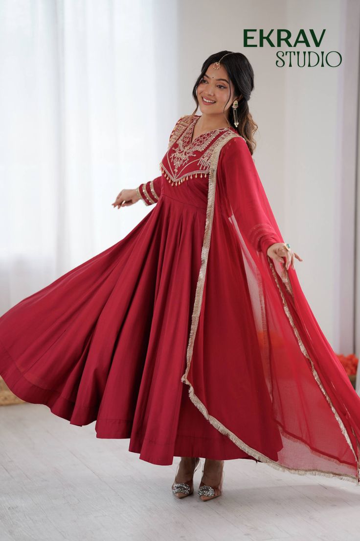 traditional dresses_Cherry Red Roman Silk Anarkali Gown Set | Heavy Coding Work - image 1595 1766221562