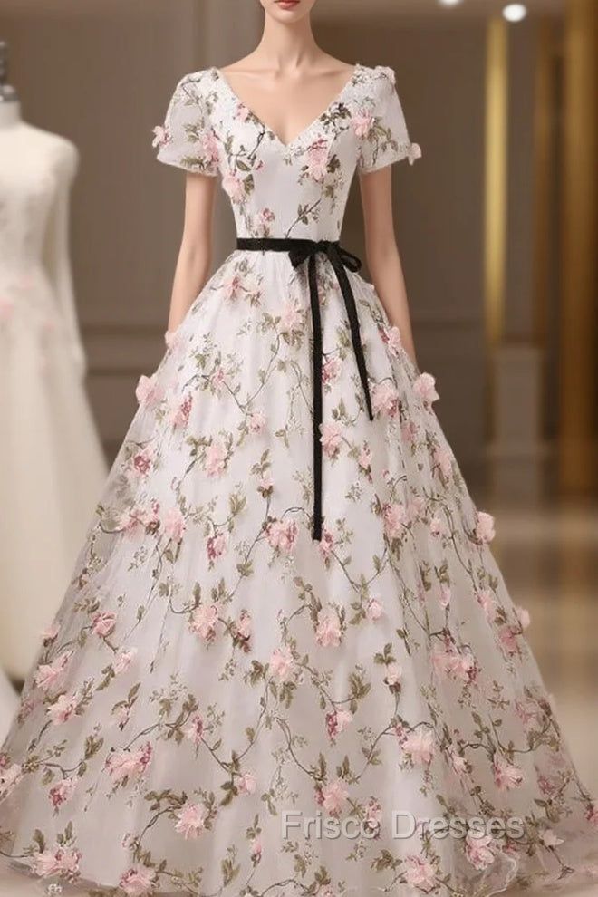 traditional dresses_Beauitufl Floral V-Neck Lace Short Sleeve Flowers Long Formal Prom Dress Floral Party Dress Formal Prom Dress shops - Picture Color / US14