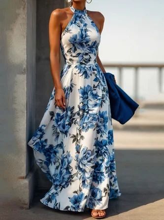 traditional dresses_StyleWe Women Vacation Maxi Dress Mid Waist X-Line Halter S... - Modest Dresses - image 1740 1766221955