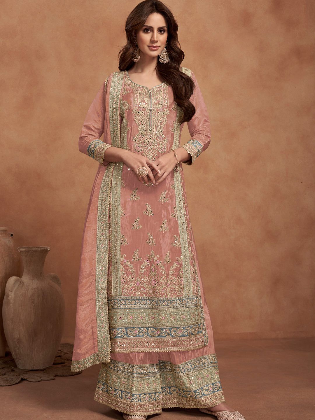 traditional dresses_Baby Pink Classy Designer Semi-Stitched Palazzo Suit With E... - Modest Dresses - image 1781 1766222065