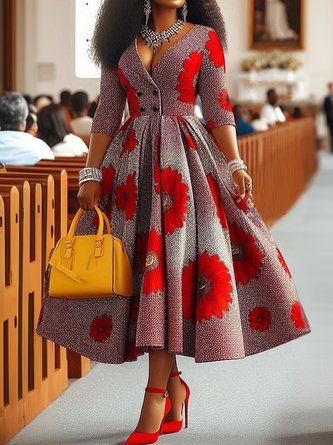 traditional dresses_StyleWe Women Elegant Midi Dress High Waist X-Line V Neck R... - image 1832 1766222207