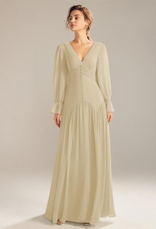 long sleeve dresses_AW Bridal A-line V-Neck Floor Length Long Sleeves Chiffon P... - Modest Dresses - image 1952 1766222495