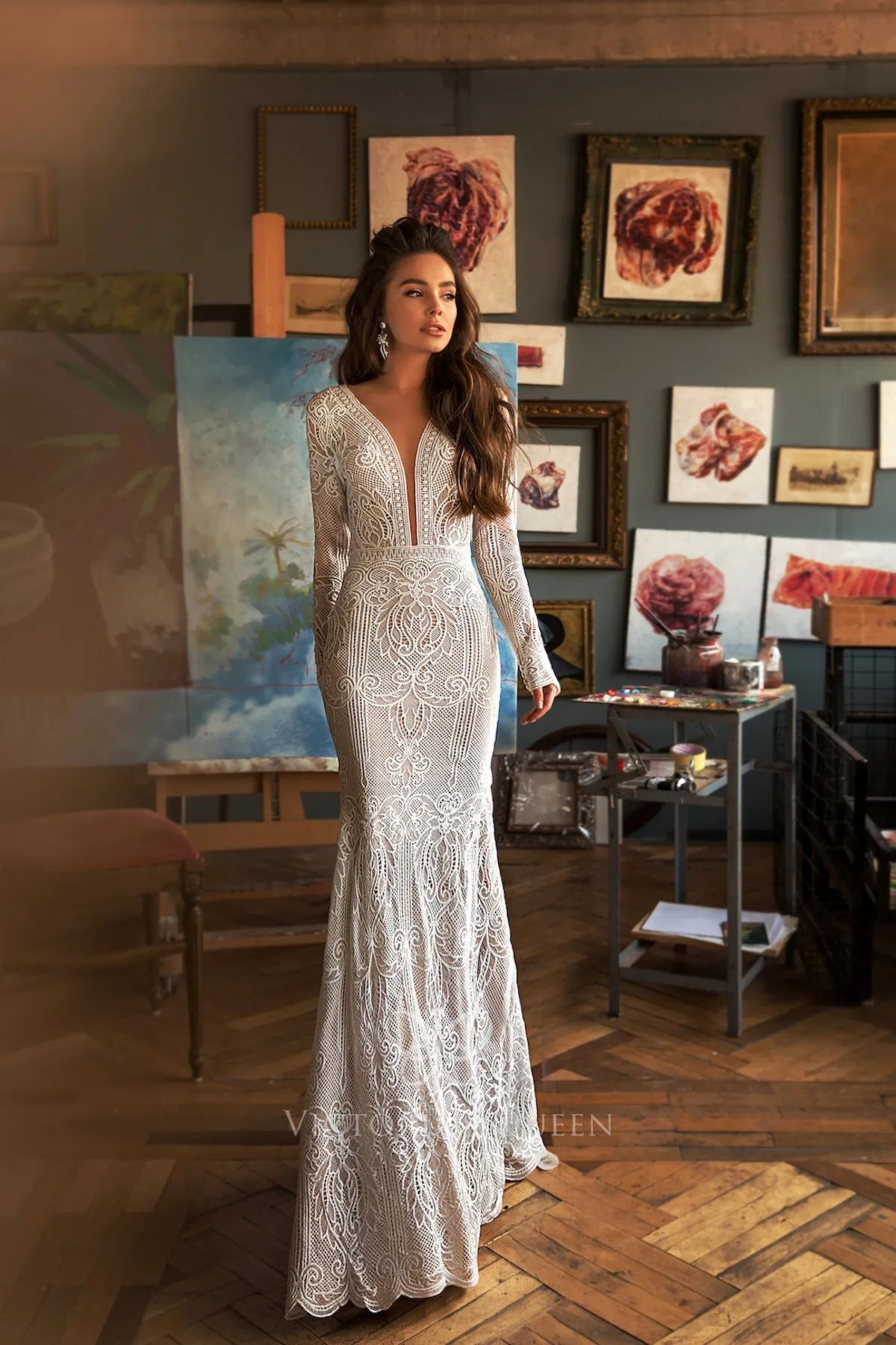 long sleeve dresses_Charming Deep V-neck Long Sleeve Lace Boho Bridal Dress - image 1964 1766222526