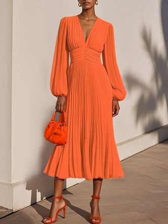 long sleeve dresses_Beige Pleated Chiffon V Neck Long Sleeve Balloon Sleeve A-L... - image 1980 1766222568
