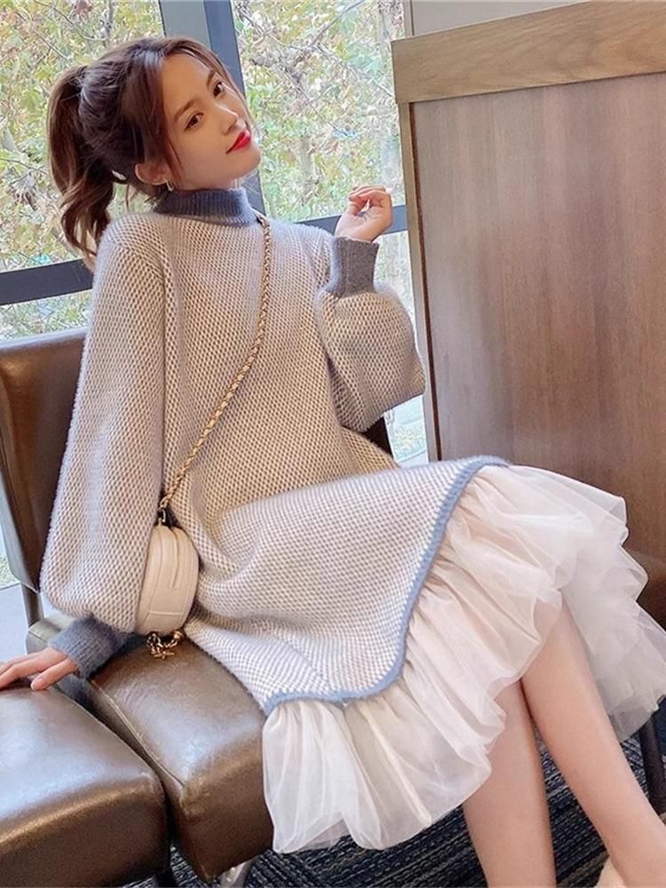 long sleeve dresses_Autumn Winter Thickened Half High Neck Knitted Dress Spliced Lace Style Over Knee Mid Length Loose
