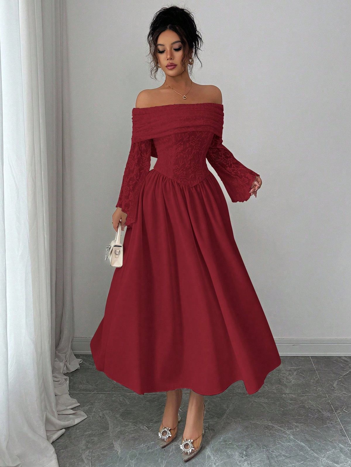 long sleeve dresses_Women's Autumn Knitted Lace Patchwork Solid Color Off-Shoul... - Modest Dresses - image 2024 1766222678