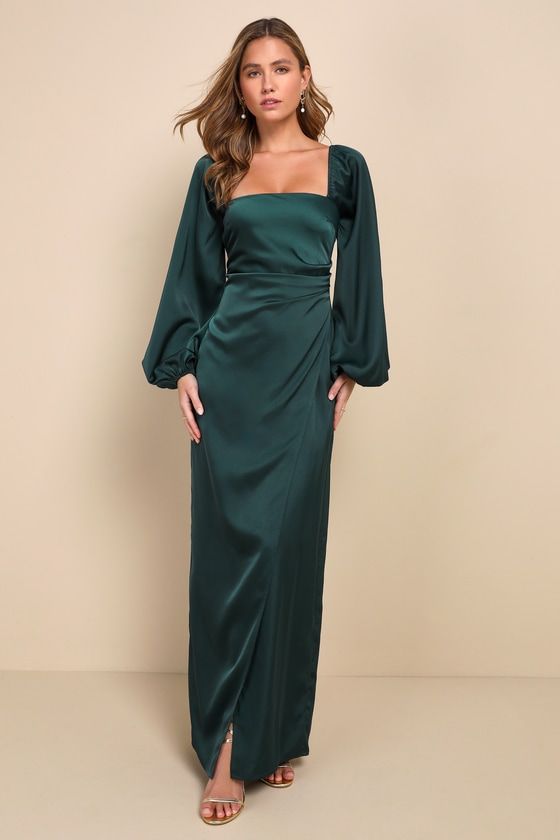 long sleeve dresses_Eternal Heart Emerald Green Satin Long Sleeve Maxi Dress