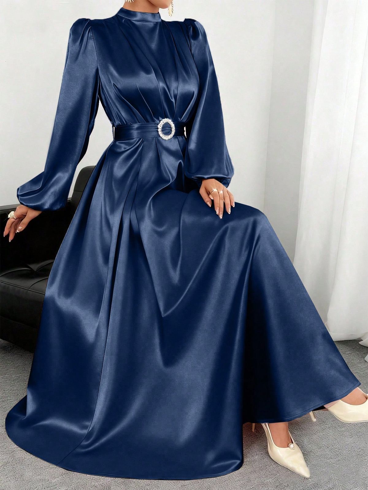 long sleeve dresses_Women's Solid Color Round Neck Lantern Sleeve Pleated Elega... - Modest Dresses - image 2042 1766222722