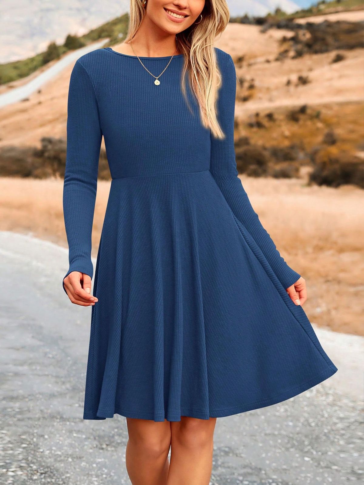long sleeve dresses_Christmas Women's Fall Short Dress Ribbed Knit Crewneck Lon... - image 2212 1766223130