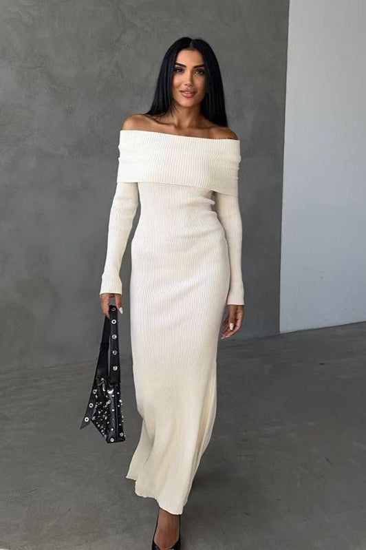 long sleeve dresses_Striped Off Shoulder Sweater Dress - S / Ivory - image 2264 1766223257