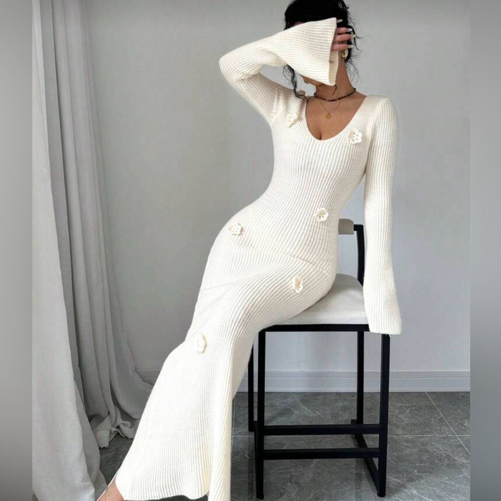 long sleeve dresses_Knit 3d Flower Maxi Dress | Color: Cream | Size: S - Modest Dresses - image 2298 1766223335