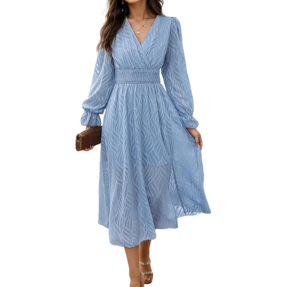long sleeve dresses_Women’s Elegant Jacquard Puff Sleeve Deep V Neck A Line Midi Dress Smocked High Waist Flowy Dressy Casual Dresses