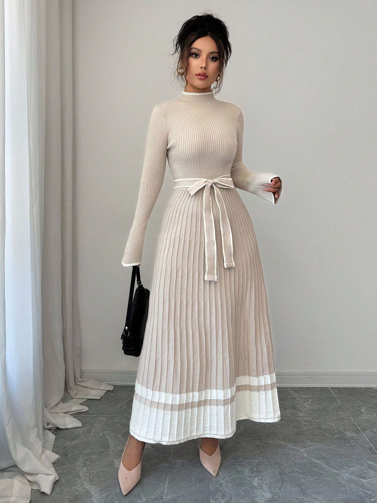 long sleeve dresses_Women's Elegant Turtleneck Pleated Hem Colorblock Sweater D... - image 2323 1766223400