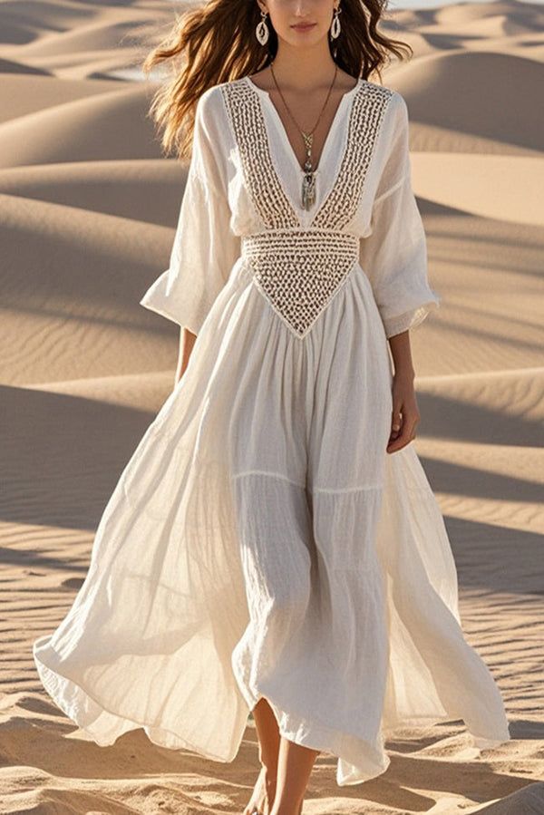 maxi dresses_Fashion Hollow V-neck Full Hem Holiday Style Midi Dress