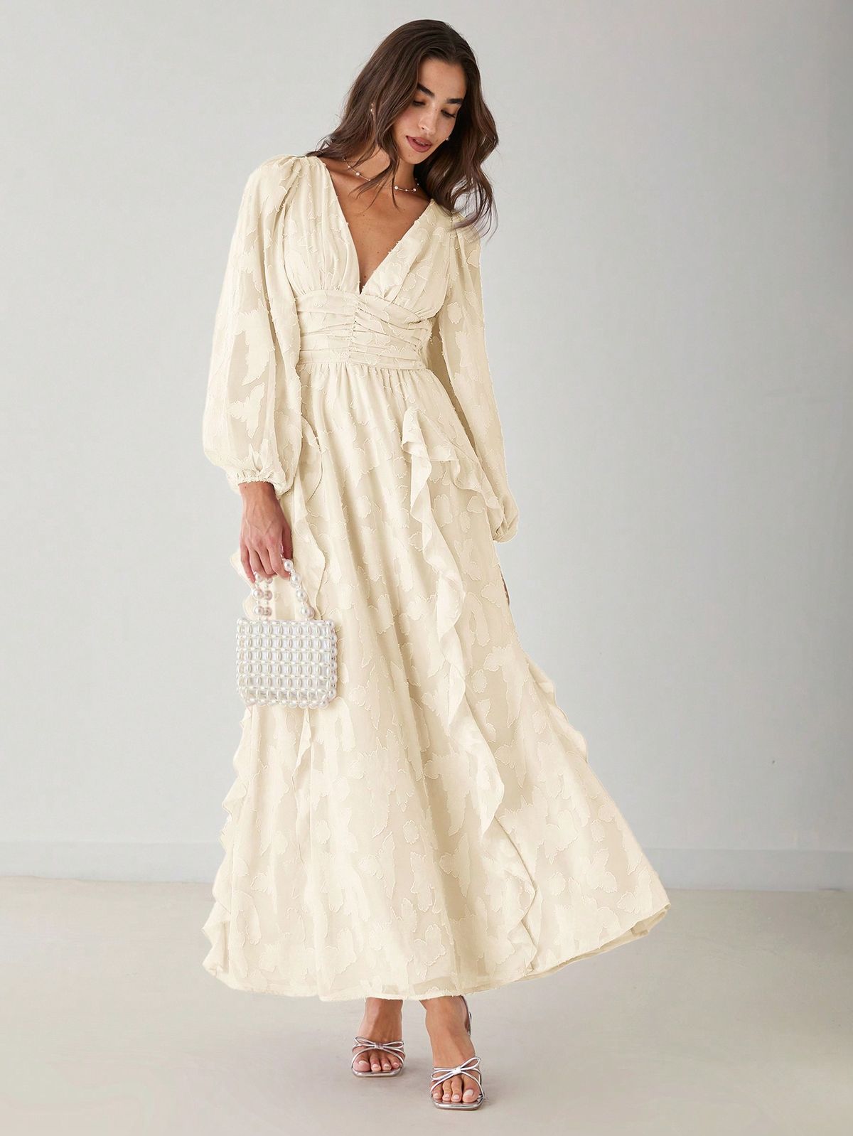 maxi dresses_Spring/Summer Romantic Women's Apricot V-Neck Ruffle Long Sleeve Maxi Dress,Sweet&Elegant For Valentine's Day&Birthday&Holiday Party&Sweet Date Night&Prom& Wedding Dress&Graduation Season&Vacation