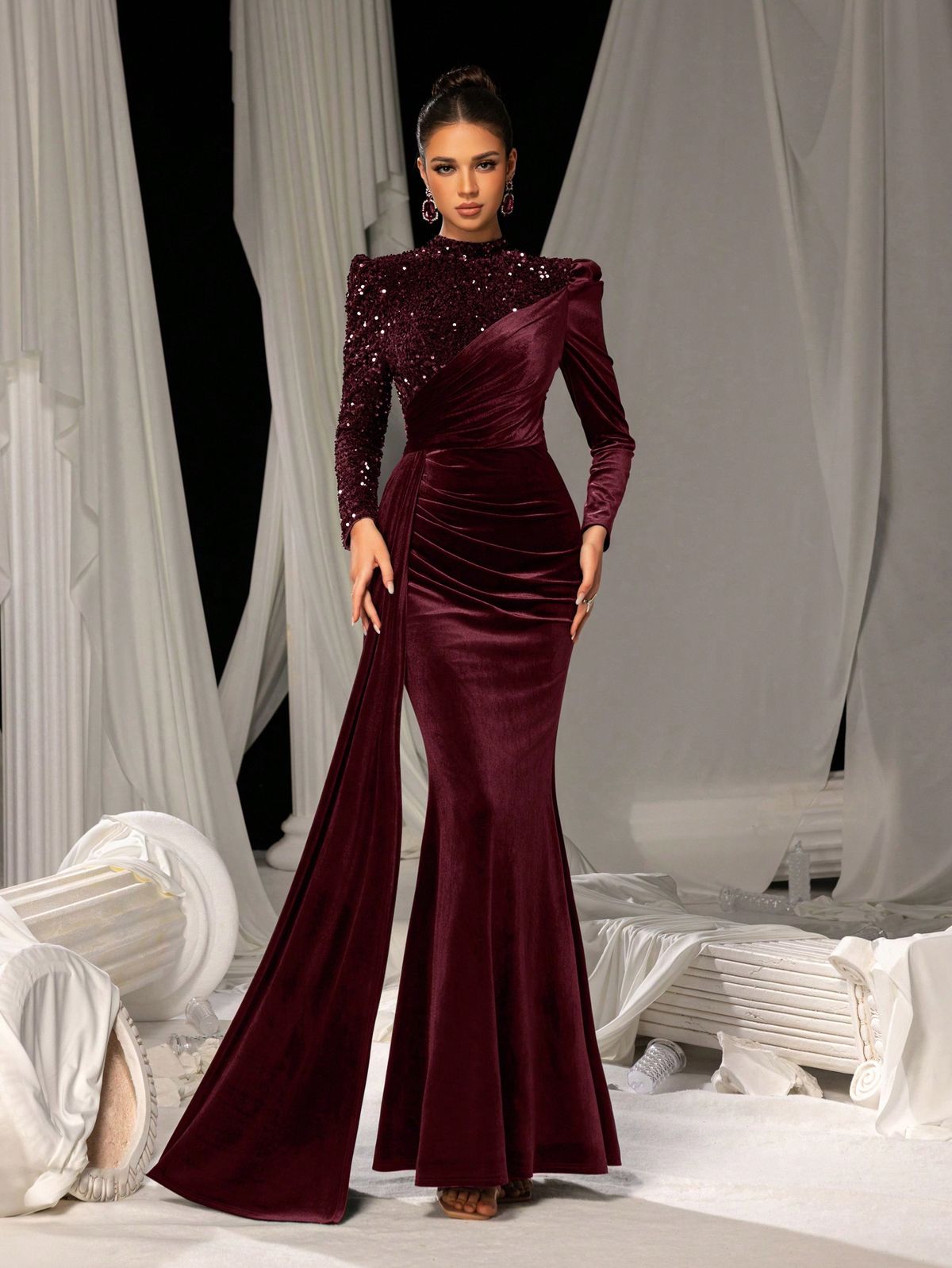 elegant dresses_Elegant Velvet Mermaid Tail Maxi Dress With Sparkling Sequin Embroidery | Luxury Evening Dress For Black Tie Galas, Weddings, And Cannes Parties, Party Dress, Wedding Guest Dress, Formal Dress,Gown