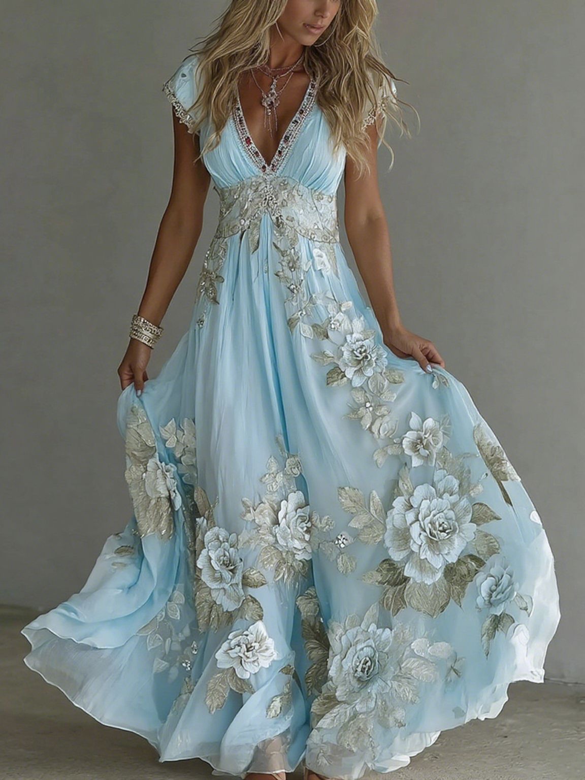 maxi dresses_Women's Vintage Boho Floral Art Short-sleeved Maxi Dress Blue-XL - Maxi Dresses - image 2704 1766224366