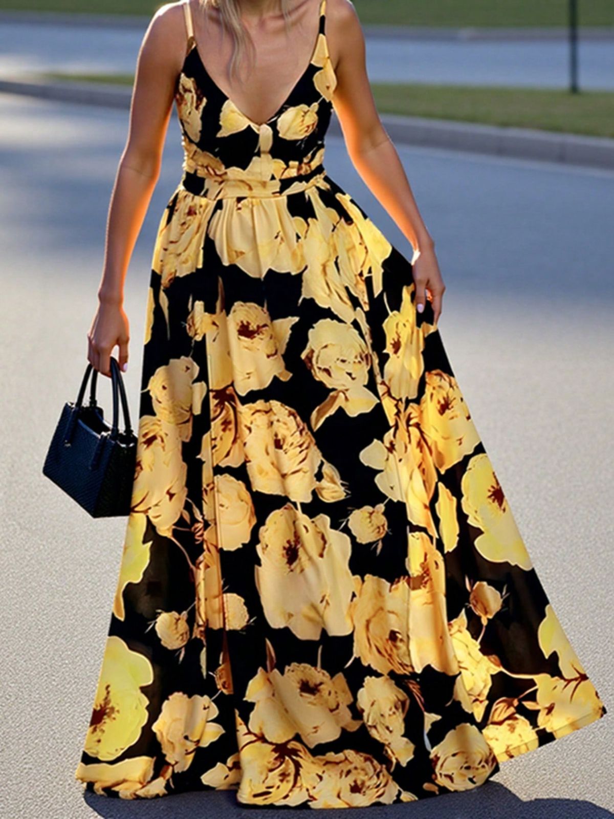 maxi dresses_Boho Women V-Neck Sleeveless Strappy High Waist Summer Holiday Party Sundress Random Print Split Swing Long Dress