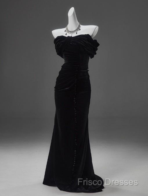 black dresses_Black Mermaid Off-The-Shoulder Velvet Long Formal Prom Dress, Elegant Quinceanera Dress - Picture Color / US10