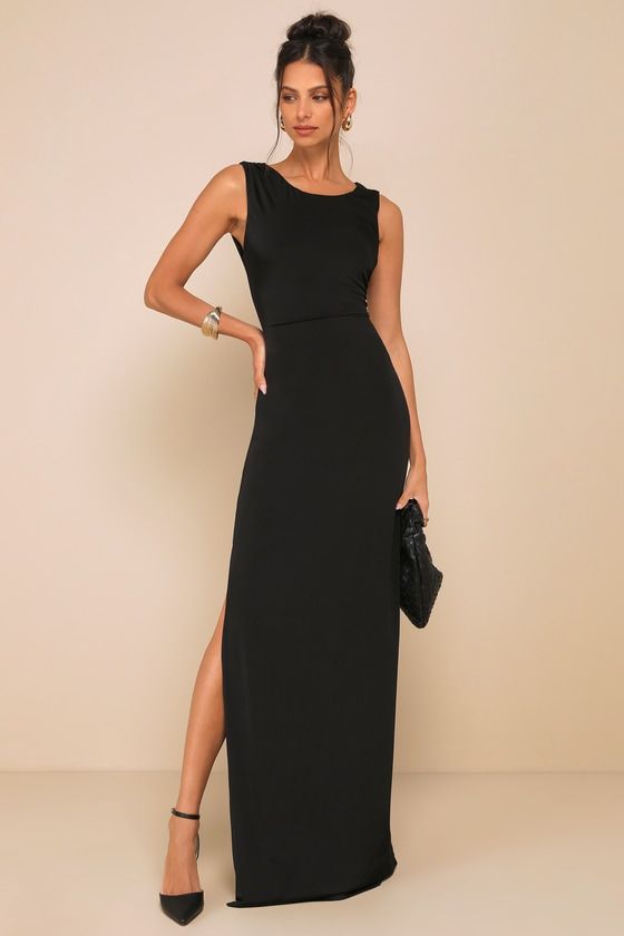 black dresses_Significant Allure Black Slinky Knit Ruched Maxi Dress