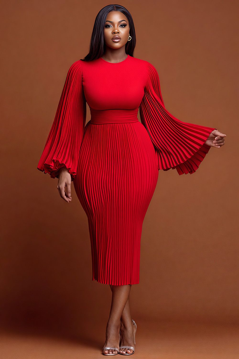 red dresses_Xpluswear Design Plus Size Christmas Red Round Neck Flare Long Slee... - Red Dresses - image 3065 1766225226