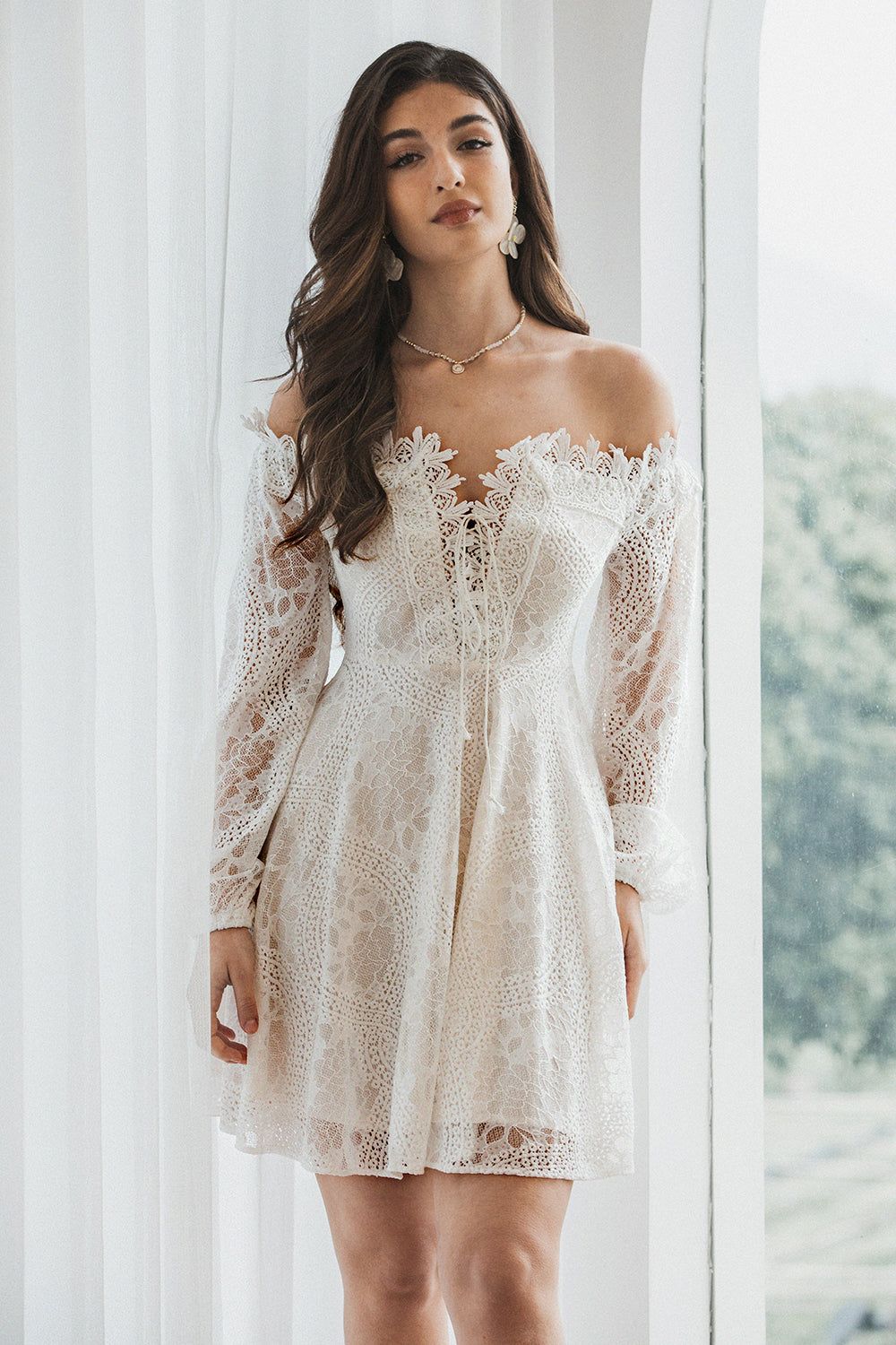 engagement dresses_Elegant Off the Shoulder Lace White Graduation Dress with Long Sleeves