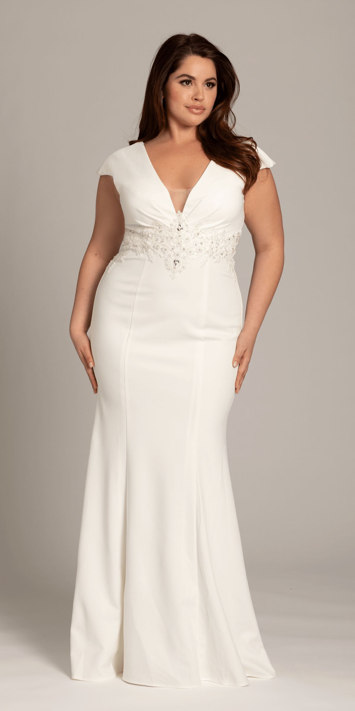 engagement dresses_Ponte Cap Sleeve Plunging Beaded Mermaid Dress - missy / 10 / ivory