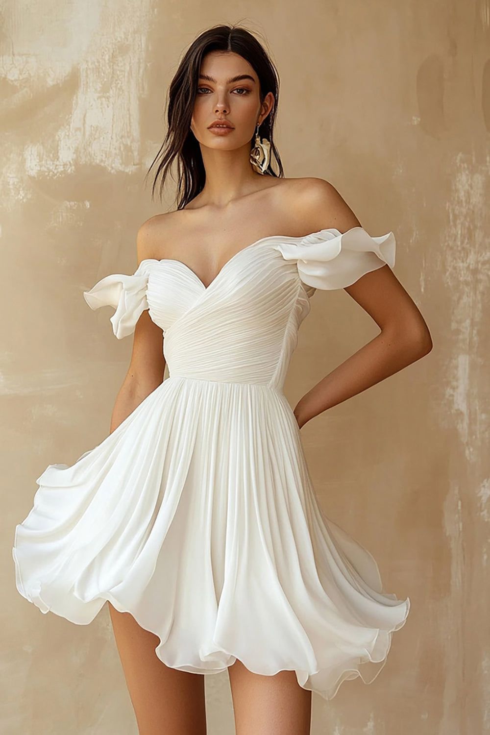 engagement dresses_A Line Ruffled Off the Shoulder Pleated White Graduation Dre... - Wedding Dresses - image 3305 1766225754