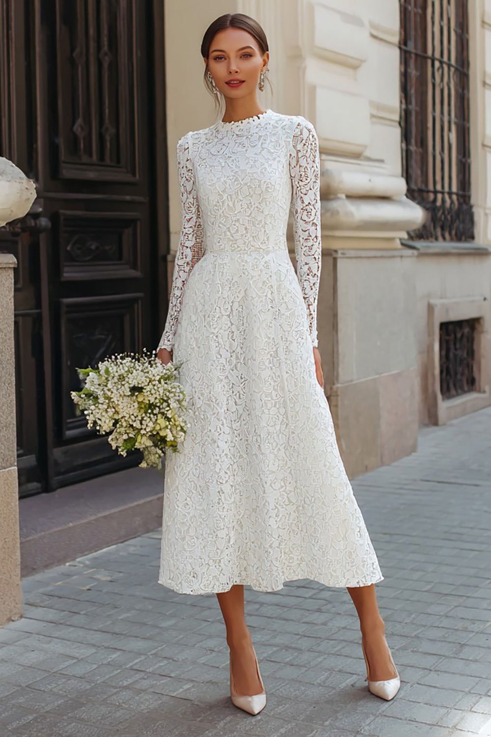 engagement dresses_Ivory Lace A Line Tea Length Engagement Dress