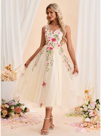 engagement dresses_JJ's House V-Neck Illusion Sleeveless A-line Tulle Midi Dress - Wedding Dresses - image 3334 1766225821