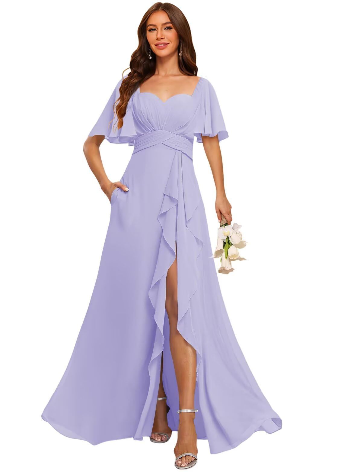 bridesmaid dresses_Stylefun A Line Chiffon Bridesmaid Dresses with Slit Flutter Sleeve Formal Party Dress STN011