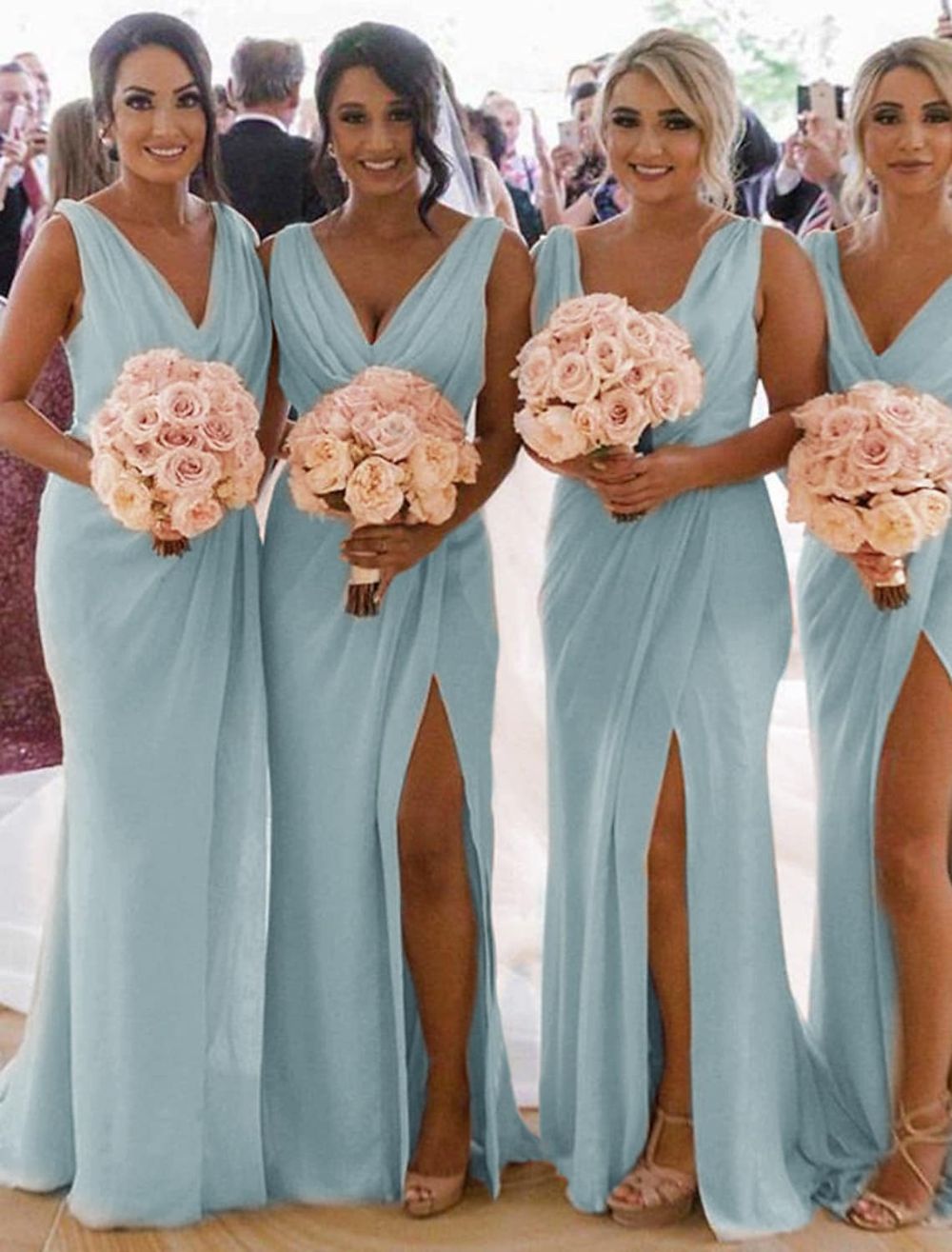 bridesmaid dresses_Mermaid / Trumpet Bridesmaid Dress V Neck Sleeveless Elegant Sweep / Brush Train Chiffon with Pleats / Split Front / Ruching 2022 2025 - $129.99