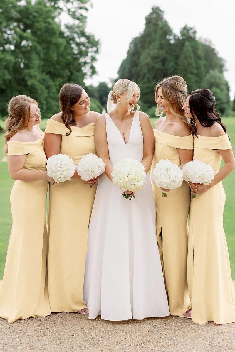 bridesmaid dresses_Simple Mermaid Off the Shoulder Light Pink Long Bridesmaid Dresses - Yellow / 14