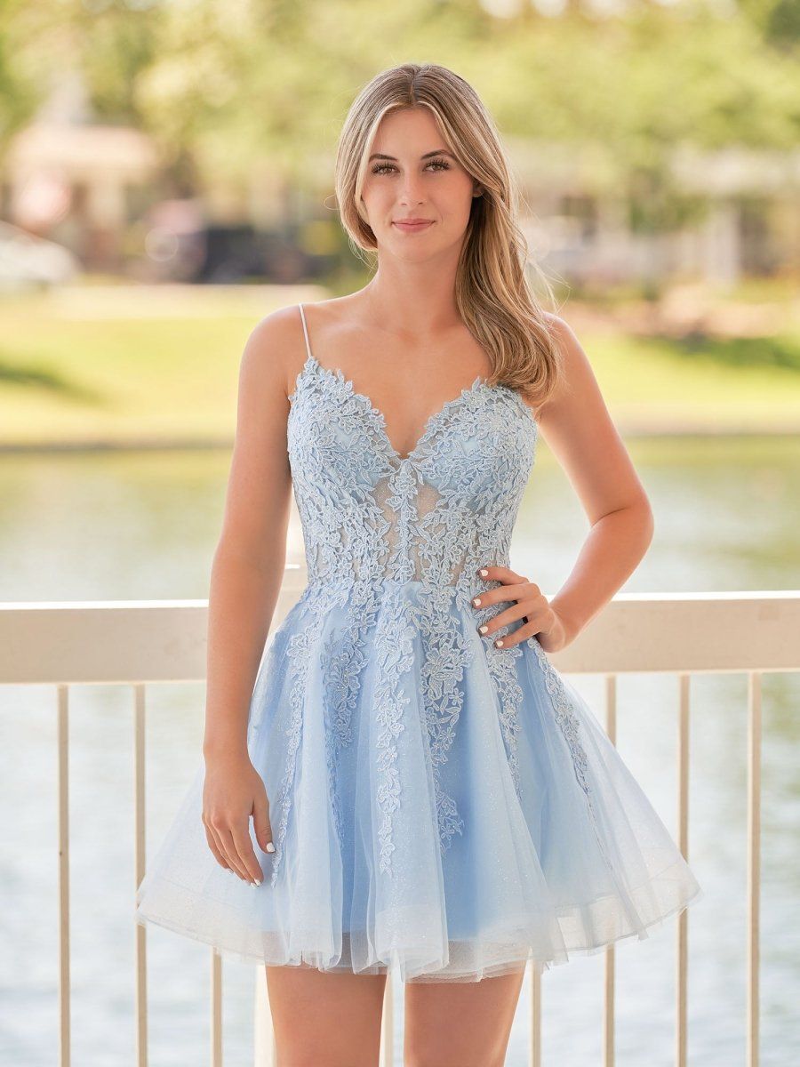 elegant dresses_Anisia | A-Line Spaghetti-Straps Sky Blue Lace Homecoming Dress With Appliques - Royal Blue / 00